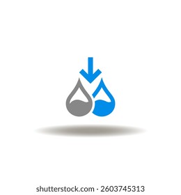 Vector illustration of drops and arrow down. Symbol of absorption.