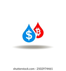 Vector illustration of drops with dollar and bitcoin currencies. Icon of recession. Symbol of banking finance crisis.