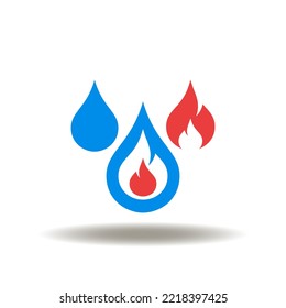 Ilustración vectorial de gotas con llama de fuego. Icono de fontanería y calefacción. Símbolo del servicio de la casa, renovación, construcción moderna. Signo de extinción de incendios.