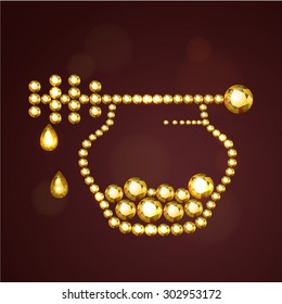 Vector illustration: drops, jar, stick and honey made of golden crystals on dark brown background