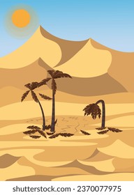 Vector illustration of drought. Desert. Dried palm trees in the desert.