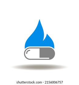 Vector illustration of drug capsule and fire flame. Icon of metabolism. Symbol of burning pills.