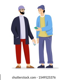 Vector illustration of drug dealer and addicted man doing illegal trade. Idea of addiction and illegal black market