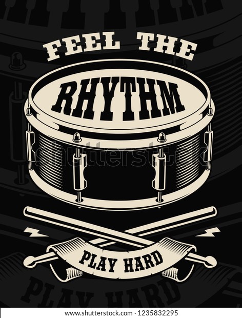 Vector illustration of drum with crossed\
sticks on the dark\
background.