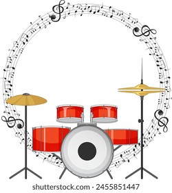 Ilustración vectorial de una batería rodeada de notas musicales.