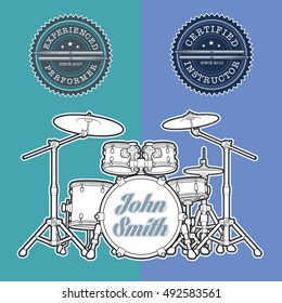 Vector Illustration of a Drum Kit and Seals for Instructors and Performers.  All element neatly on well-defined layers and groups for easy editing.
