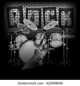 Vector illustration of drum set with electric guitar rock on a background of a brick wall in dark colors Black and white and color. You can use any image on a black background, there is room for text.