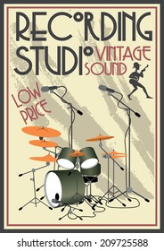 Vector illustration of a drum set recording session, template poster