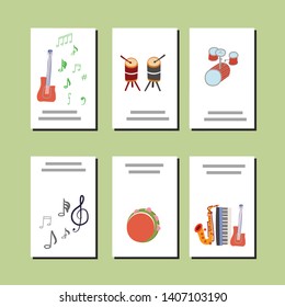 Vector illustration with drums, musical notes, electric guitar, drums, keyboard, saxophone for musical events, apps, design cover, flyers, brochures page. Vector
