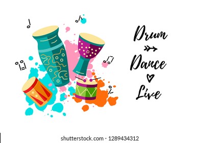 Vector illustration with drums and paint splashes. Template for party, drum school, invitation, poster, card, flyer, banner. Place for your text