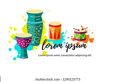 Vector illustration with drums and paint splashes. Template for party, drum school, invitation, poster, card, flyer, banner. Flat and line style.