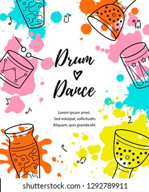 Vector illustration with drums and paint splashes. Template for party, drum school, invitation, poster, card, flyer, banner. Place for your text