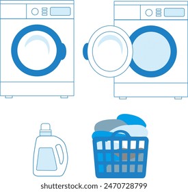 Vector illustration of drum-type washing machine, bottle of laundry detergent, and clothes in basket