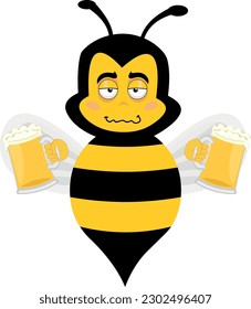 vector illustration of drunk cartoon bee with beers in hands