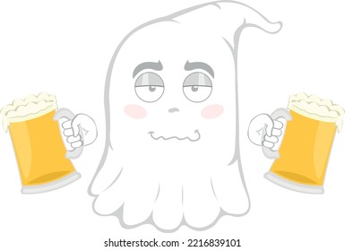 Vector illustration of a drunk cartoon ghost with glasses of beer in his hands