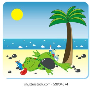 vector illustration of drunk frog with the ball on the beach