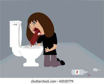 Ilustración vectorial de una mujer borracha vomitando vino tinto.