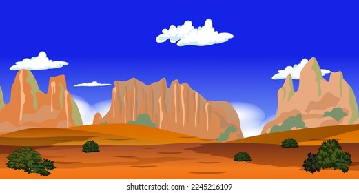 Vector illustration. Dry arid landscape. sandy and desert background.  Clear blue sky. Cartoon wallpaper. Summer season. Trees and sand mountains. Design for website, poster, banner, template