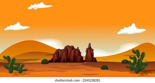 Vector illustration. Dry arid landscape. sandy and desert background.  Orange sky. Cartoon wallpaper. Summer season. Trees and sand mountains. Design for website, poster, banner, template