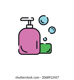 Vector illustration of dry and liquid soap in a bottle on a white background. Bubbles fly around. Can be used as an icon.