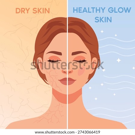 Vector illustration dry skin and healthy glowing skin, split face design, cracked, dehydrated skin on one side and smooth, radiant complexion on the other. For advertising skin care, beauty blogs