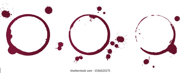 Vector illustration of dry stains of red wine glass or bottle circle rings and blob drops isolated on white background