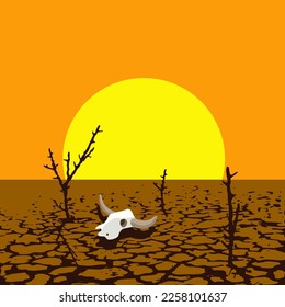 vector illustration of dry trees and animal skull in dry desert land. soil damage from drought. warming of dry land illustration 