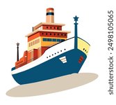Vector illustration with a dry-cargo ship at sea, ocean. Commerce shipping, delivery of goods. Cartoon bulk-carrier on mountain background. Nautical boat, a marine vessel with metal containers.