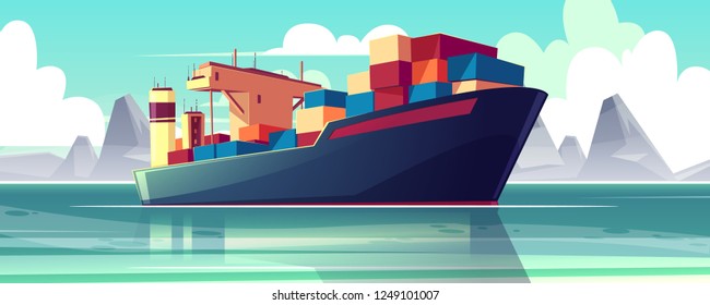 Vector illustration with a dry-cargo ship at sea, ocean. Commerce shipping, delivery of goods. Cartoon bulk-carrier on mountain background. Nautical boat, a marine vessel with metal containers.