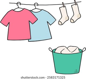 Vector illustration of drying laundry. Clothes on clothesline. I am washing the clothes.
Vector illustration for housekeeping, cleanliness concept.