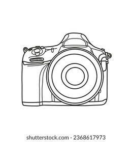 Vector illustration of DSLR camera digital vector outline line art, front view Simple flat design isolated on white background