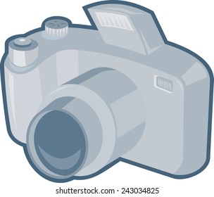 vector illustration of a dslr digital camera viewed from front on isolated white background done in art deco retro style.