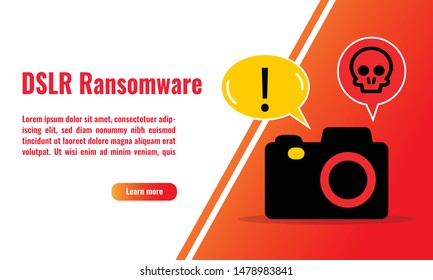 Vector illustration of DSLR Ransomware. Digital camera infected by malicious software. Digital security, sign and symbol.