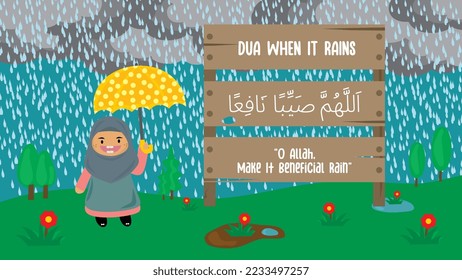 Vector illustration of dua when it rains. Arabic Islamic of text O Allah, make it beneficial rain. The prayer that Muslims say in the rain