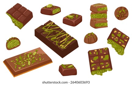 Vector illustration of Dubai chocolate bars with pistachio paste and kataifi dough. Hand drawn sweets with milk and dark chocolate. For confectionery packaging, menu, catalog spreads, product cards