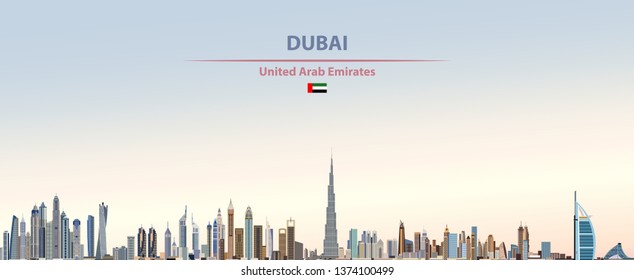 Vector illustration of Dubai city skyline on colorful gradient beautiful day sky background