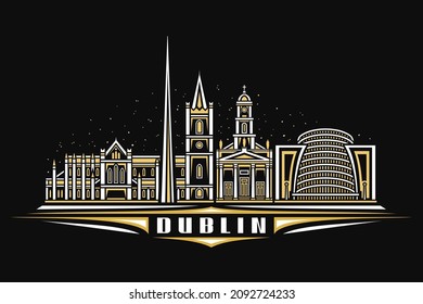 Vector illustration of Dublin, black horizontal poster with linear design famous dublin city scape on dusk sky background, european urban line art concept with decorative lettering for word dublin