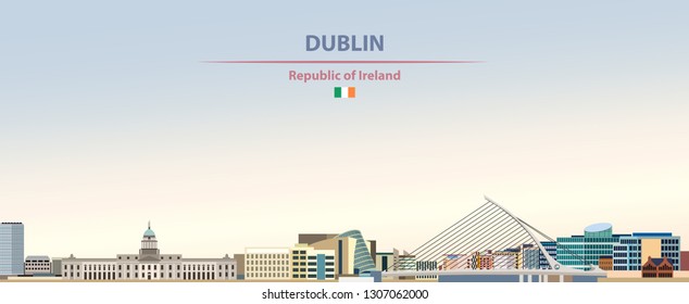 Vector illustration of Dublin city skyline on colorful gradient beautiful day sky background with flag of Republic of Ireland
