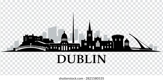 Vector illustration of Dublin city skyline, Ireland. Silhouette of Dublin landmarks isolated on white background.
