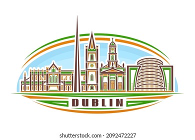 Vector illustration of Dublin, horizontal logo with linear design orange dublin city scape on day sky background, famous urban line art concept with decorative lettering for brown word dublin on white