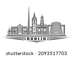 Vector illustration of Dublin, monochrome horizontal poster with linear design dublin city scape, european urban line art concept with decorative lettering for black word dublin on white background