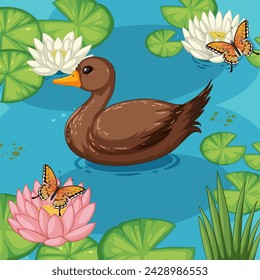 Vector illustration of duck with butterflies on water