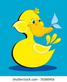 Vector illustration. Duck and butterfly.