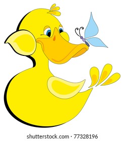Vector illustration. Duck and butterfly.