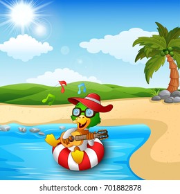 Vector illustration of Duck cartoon enjoy playing guitar and singing on beach
