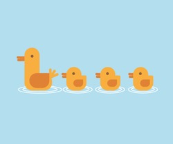 Vector Illustration Of Duck And Ducklings Swimming In Row