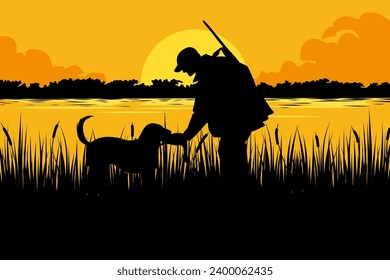 vector illustration of duck hunter on river in silhouette style