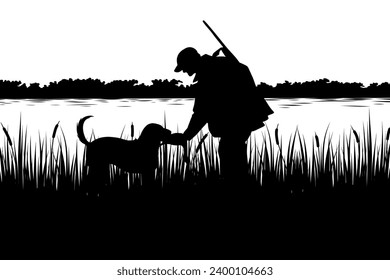 vector illustration of a duck hunter on a river in black and white silhouette style