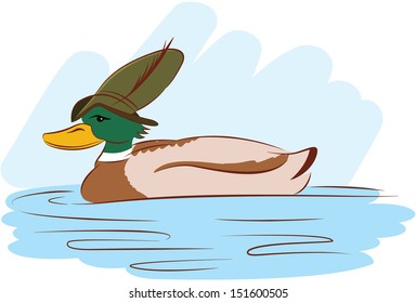 Vector Illustration with duck in the hunter's hat. 