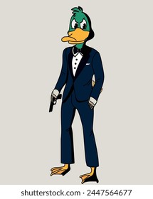 Ilustración vectorial de un pato, pato - mascota, pato en traje, pato james bond 